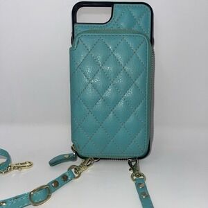 Teal Faux Leather Quilted Phone Holder Wallet Crossbody Wristlet iPhone 7/8 Plus